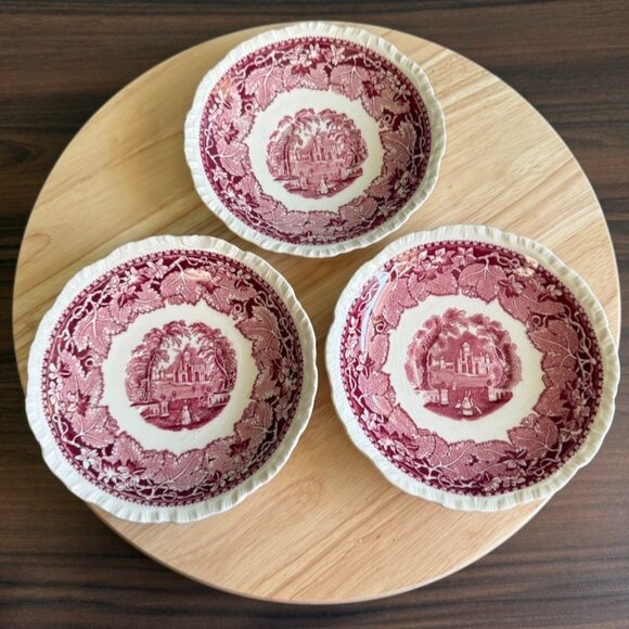 Set Of 3 Vintage Masons Vista Red Ironstone Tea Cups & Saucers Made In England - Picture 3 of 10